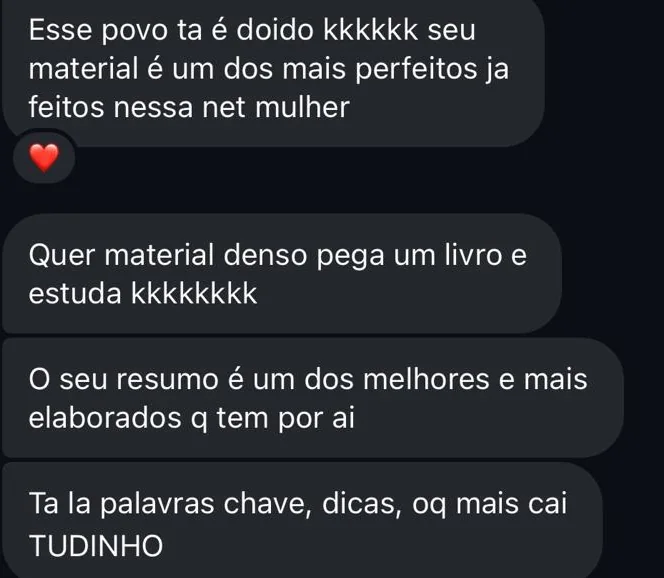 Mensagem de aluna sobre o quanto o material é elaborado